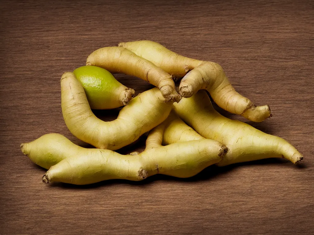 Image similar to still life, hyper detailed image of a ginger root leaning against a perfect lime, on a wooden table, studio lighting, sigma 55mm f/8