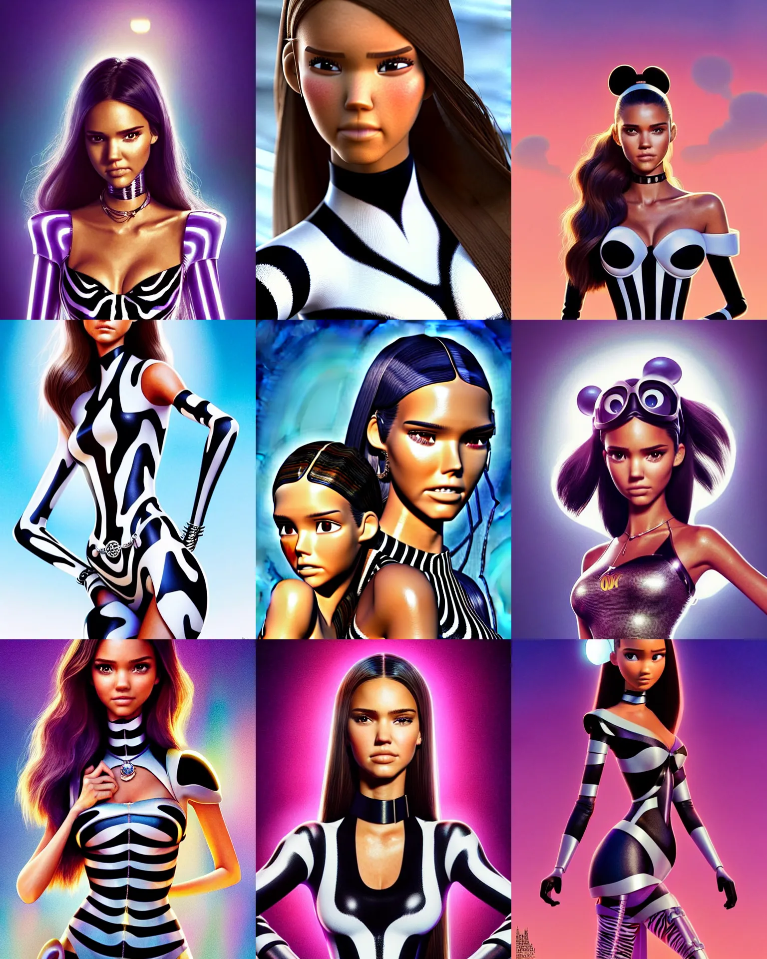 Prompt: disney pixar movie still portrait photo of jessica alba, kendall jenner, madison beer, adriana lima, ariana grande, wearing elaborate jewelry! : : as zebra cyborg woman by pixar : : by weta, greg rutkowski, wlop, ilya kuvshinov, rossdraws, artgerm, rave makeup, maxim cover, unreal engine, sweaty, pearlescent : :