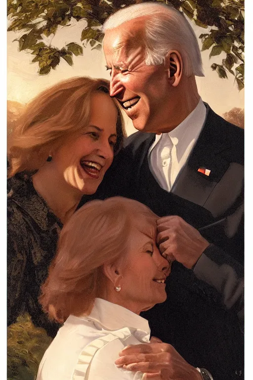 Prompt: smiling Joe Biden whispering in a frightened woman’s ear, golden hour, in a garden, artstation, by J. C. Leyendecker and Peter Paul Rubens,