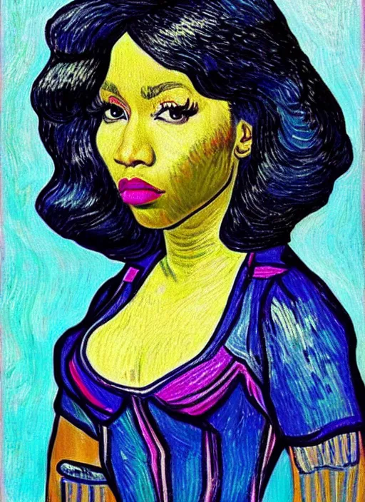 Image similar to a self potrait of nicki minaj in the style of van gogh