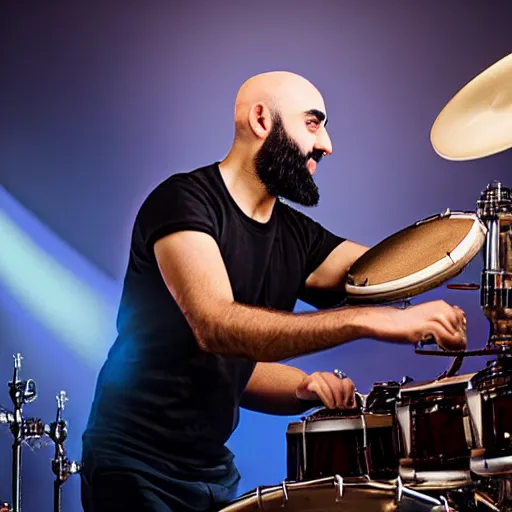 Prompt: bald arab guy with a beard playing on a professional drum kit, extremely detailed, realistic, soft lighting