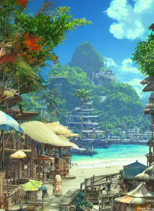 Prompt: Fantasy tropical port town view from the beach. hidari, color page, tankoban, 4K, tone mapping, Akihiko Yoshida.
