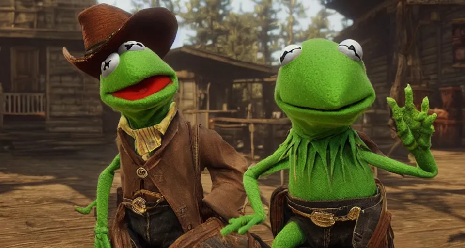 Image similar to Screenshot of Kermit the Frog as a 3d cowboy in full cowboy attire in the videogame 'Red Dead Redemption 2'. Sharpened. 1080p. High-res. Ultra graphical settings.