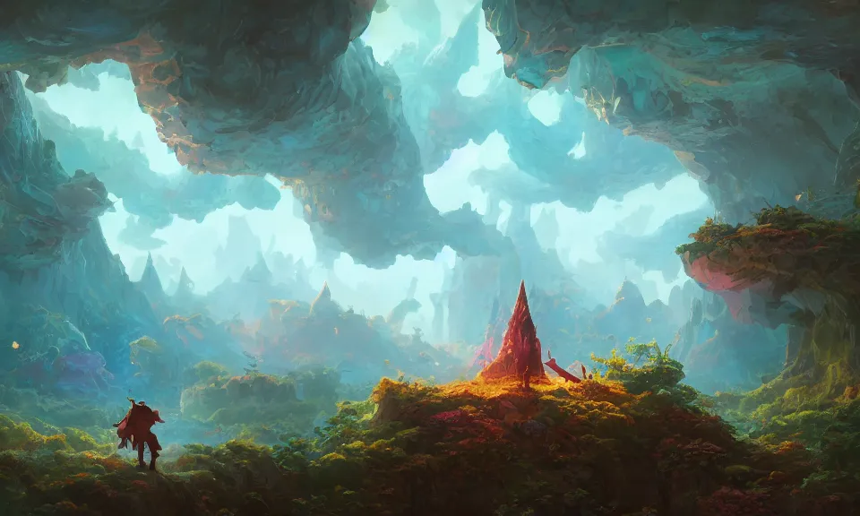 Prompt: mograph hexagon landscape, highly detailed, magic fantasy, digital art, vibrant colors, keyframe illustration, trending on artstation, andreas rocha, sylvain sarrailh, darek zabrocki, finnian macmanus, dylan cole, liang mark, albert bierstadt, sung choi, peter mohrbacher, greg rutkowski