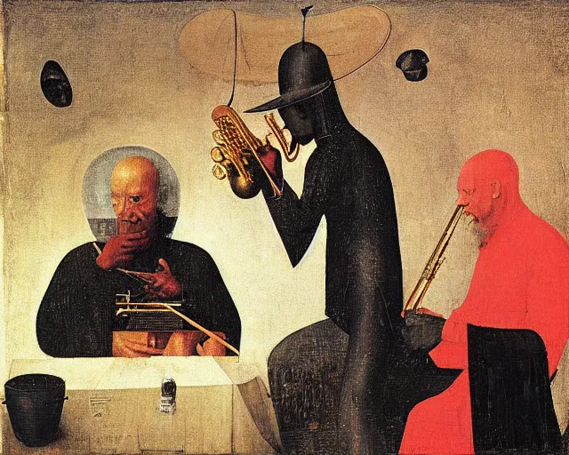 Image similar to ornette coleman and marc ribot by hieronymus bosch