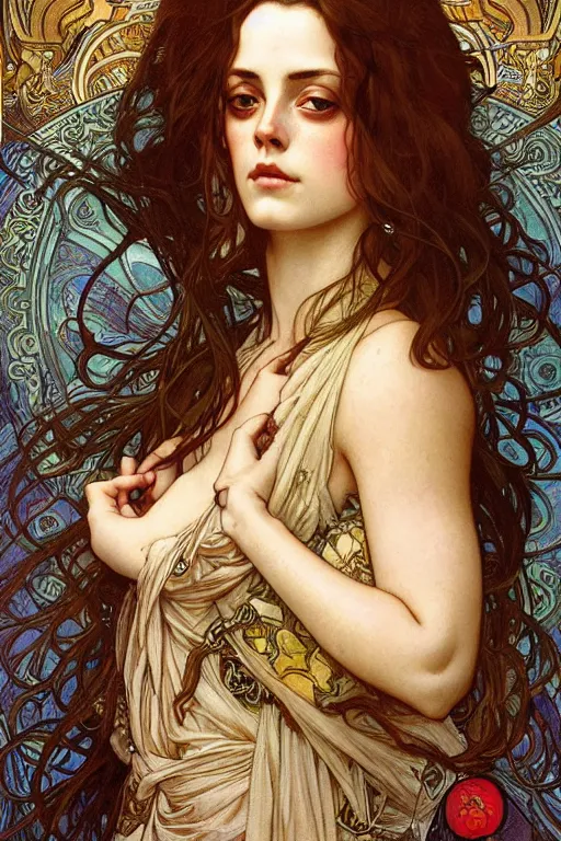 Prompt: realistic detailed face portrait of Kaya Scodelario by Alphonse Mucha, Ayami Kojima, Amano, Charlie Bowater, Karol Bak, Greg Hildebrandt, Jean Delville, and Mark Brooks, Art Nouveau, Neo-Gothic, gothic, rich deep moody colors