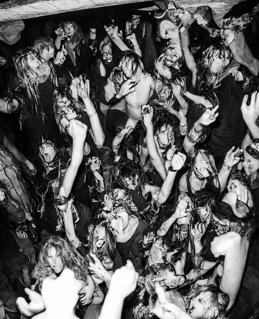 Prompt: photos of a wild underground party taken by merlin bronques, angry demonic death ghosts