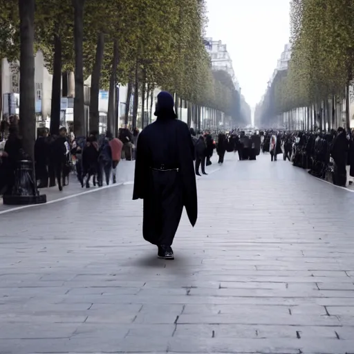 Image similar to Sith lord walking down the avenue des champs elysée, hyper-realistic, 8K HDR.