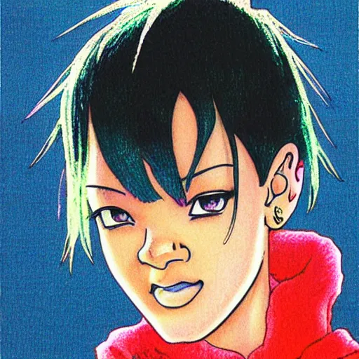 Image similar to a portrait of rihanna drawn by akira toriyama, 8 0 s, pastel color, manga