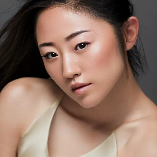 Prompt: beautiful portrait karen fukuhara bald neutral expression face straight on headshot even lighting