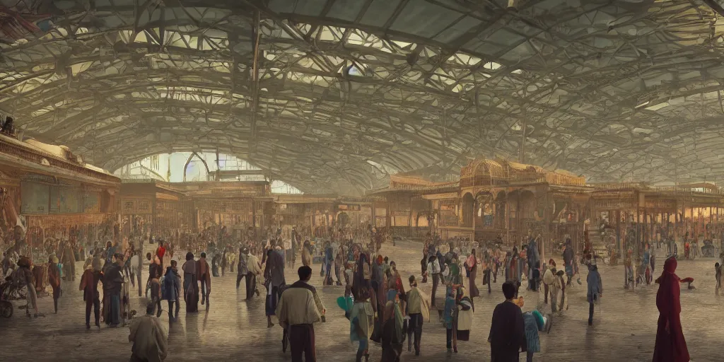 Prompt: cinematic movie scene, establishing shot, precise architectural rendering, interior of british era india railway station, bustling with people and, emerald, crystalline, detailed illustration, sharp focus, concept art, unreal engine, octane render, god rays, aesthetic