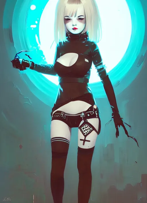 Image similar to portrait of cute goth girl in cyber bikini armor, face by ilya kuvshinov, warhammer, cyberpunk, by atey ghailan, by greg rutkowski, by greg tocchini, by james gilleard, by joe fenton, by kaethe butcher, dynamic lighting, gradient light blue, brown, blonde cream and white color in scheme, grunge aesthetic
