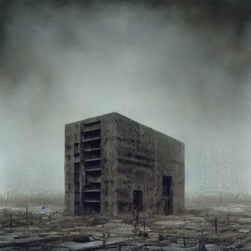 Prompt: brutalist building turning into meat, post apocalyptic, painted by beksinski