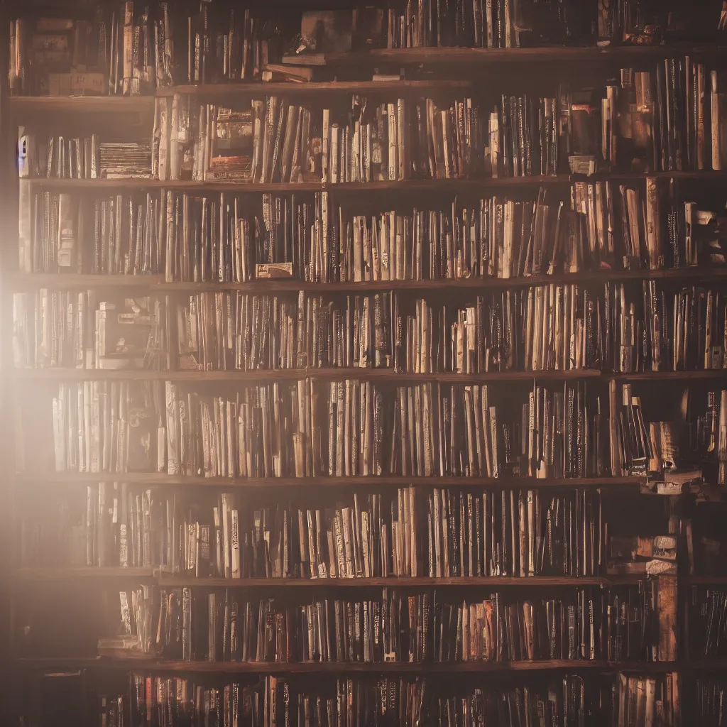Prompt: a book shelf with many books and dust, professional photo, dramatic lighting, rays of lights, foggy
