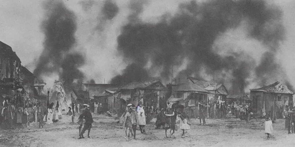 Image similar to scary unproportionable tall ghost creature in the middle of a village on fire, 1900s picture