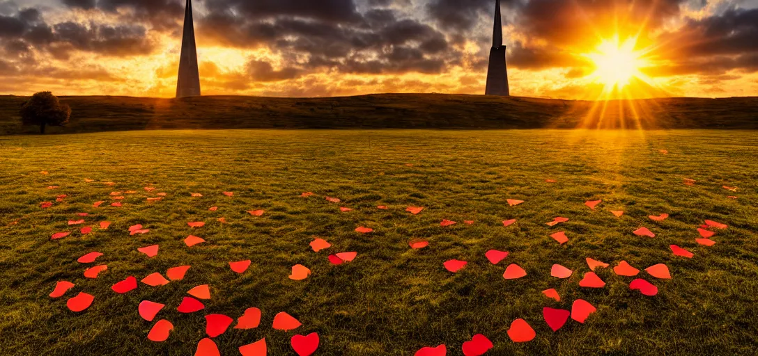 Prompt: a photograph of a beautiful landscape at sunset with lines of love hearts dancing towards a central spire, nikon d 8 5 0, golden hour, god rays