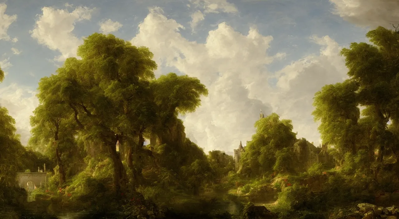 Prompt: a landscape painting of a French castle, with a garden, by Thomas Cole, trending on artstation