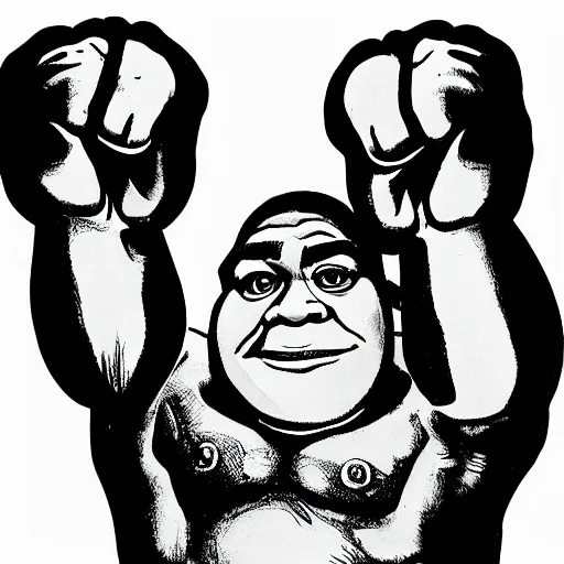 Image similar to shrek with his fists up, chicano art movement, detailed