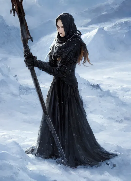 Prompt: blackflame friede holding is scythe of frost by vladimir volegov and alexander averin and peder mørk mønsted and ross tran and raphael lacoste