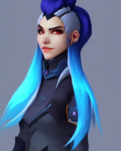 Image similar to overwatch concept art character portrait of a new character who is a wizard with blue hair, trending on artstation, cgsociety,