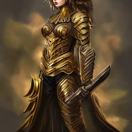 Image similar to female warrior in gold and black armor, semi-realistic, fantasy, digital painting, highly detailed