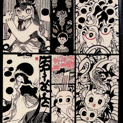 Image similar to Kyubey in the style of Japanese and European woodcuts