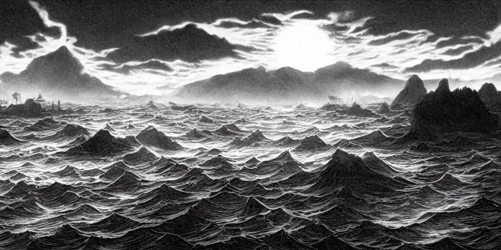 Image similar to illustration of the shore on a beautiful morning, monochrome, manga style, by Kentaro Miura, sharp, dramatic lighting