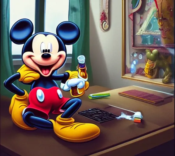 Prompt: Mickey Mouse smoking a weed joint in his apartment, stoned eyes, smoke, bongs on the table, highly detailed, amazing digital art, trending on artstation