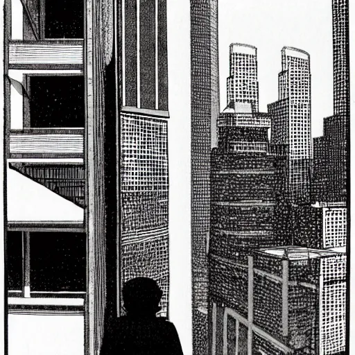 Image similar to a singaporean student stands on the top of a building, looking out at the world, by moebius