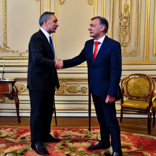 Image similar to Viktor Orban giving a handshake to Andrew Tate, Hyperrealistic, 8k UHG,