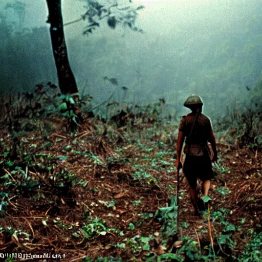 Image similar to film still, far view, emma watson soldier hiking through dense vietnam jungle, dense cloud fog, film still from apocalypse now ( 1 9 7 9 ), 2 6 mm, kodak ektachrome, blue tint expired film,