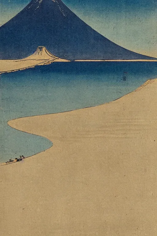 Prompt: seascape in the style of ancient japanese masters, on the shore a giant nose in the shape of mount fuji sniffing the sand in, dali