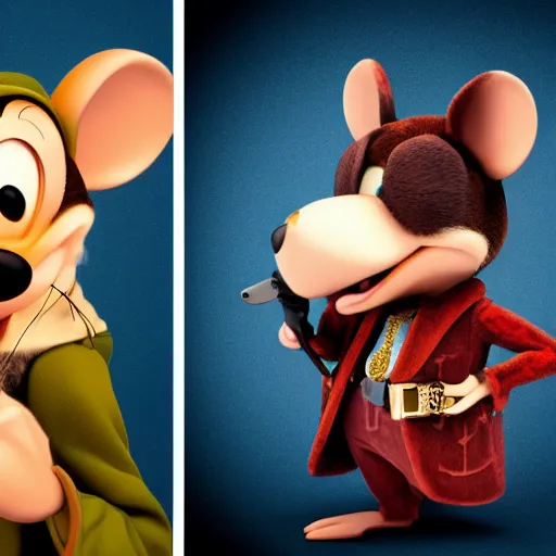 Image similar to 3d anthropomorphic rat, disney pixar, holding tommy gun, velvet, fur coat, high quality, golden necklace, fendi, high fashion