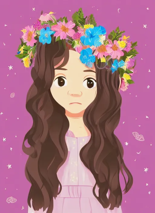 Prompt: a little girl with wavy curly light brown hair and blue eyes. she is wearing a flower crown and chasing fireflies. clean cel shaded vector art. shutterstock. behance hd by lois van baarle, artgerm, helen huang, by makoto shinkai and ilya kuvshinov, rossdraws, illustration, art by ilya kuvshinov