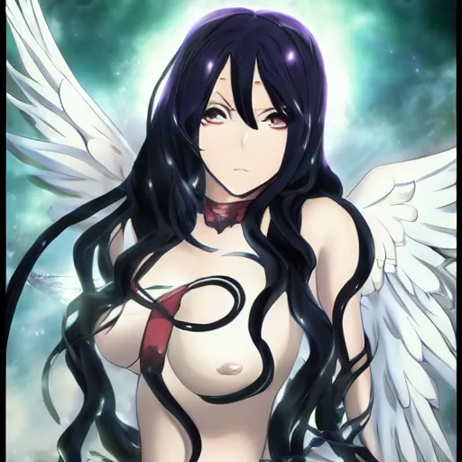 Image similar to anime albedo from overlord, overlord anime tv series, with long black hair and angel wings