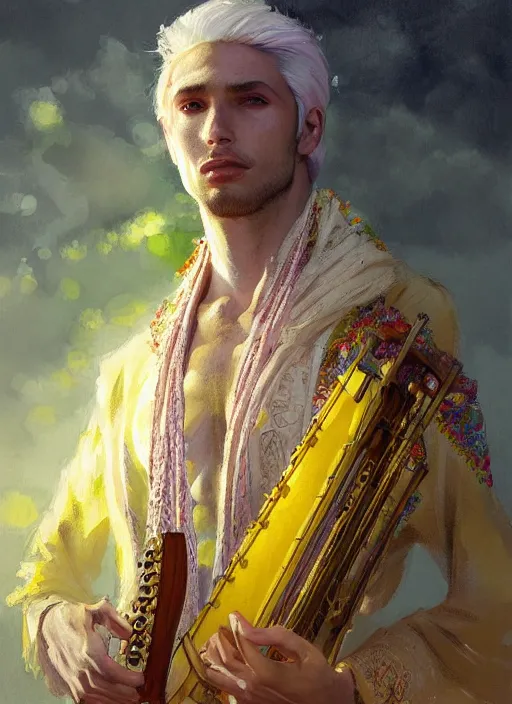 Image similar to a beautiful detailed painting of a gypsy male bard in colorful ornate robes robes, pale skin, white hair, yellow eyes, master of dreams art by jon foster trending on artstation painted by greg rutkowski, painted by stanley artgerm