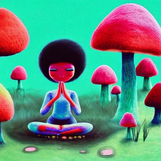 Image similar to a black girl with a colorful afro and big beautiful eyes meditating in a mushroom zen garden, bokeh, bright colors, synthwave, watercolor, volumetric wool felting, macro photography, children illustration, by goro fujita