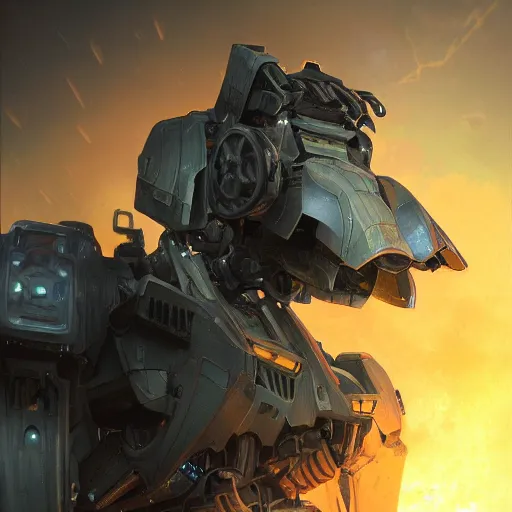 Image similar to portrait of timberwolf battlemech on fire, battle damage, sunset glow around head, full body portrait, intricate, elegant, highly detailed, digital painting, artstation, concept art, smooth, sharp focus, illustration, art by artgerm and greg rutkowski and alphonse mucha, background is a city in ruins