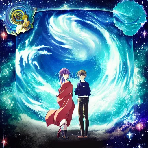 Prompt: romance anime, space and oceans flow together