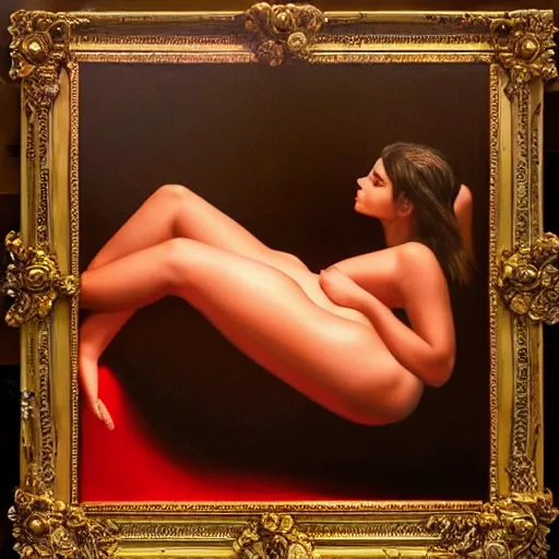 Prompt: Emily Ratajkowski full body laying in a blood red pool of water between a golden mirror frame, outside is space and inside the mirror frame is a beautiful landscape., physically accurate, dynamic lighting, intricate, elegant, highly detailed, very very Roberto Ferri, sharp focus, illustration, art