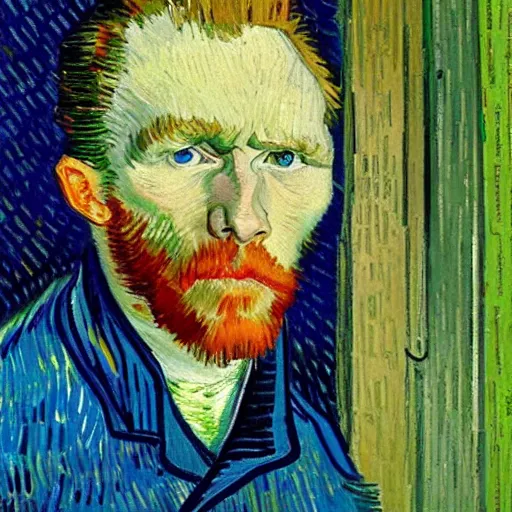 Image similar to iphone selfie, phone in hand, by van gogh