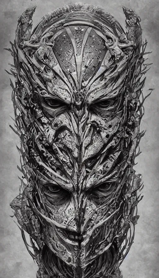 Image similar to ancient biomechanical hybrid slavic thunder god armored head fantasy beautiful human witch face mask tattoo pattern concept, glagolitic glyph, intricate artwork by, Johnatan Wayshak, Zdizslaw Beksinski, Artgerm, H.R. Giger, very coherent artwork, cinematic, hyper realism, high detail, octane render, unreal engine, 8k, High contrast, higly detailed black ink outline, crosshatch sketch gradient