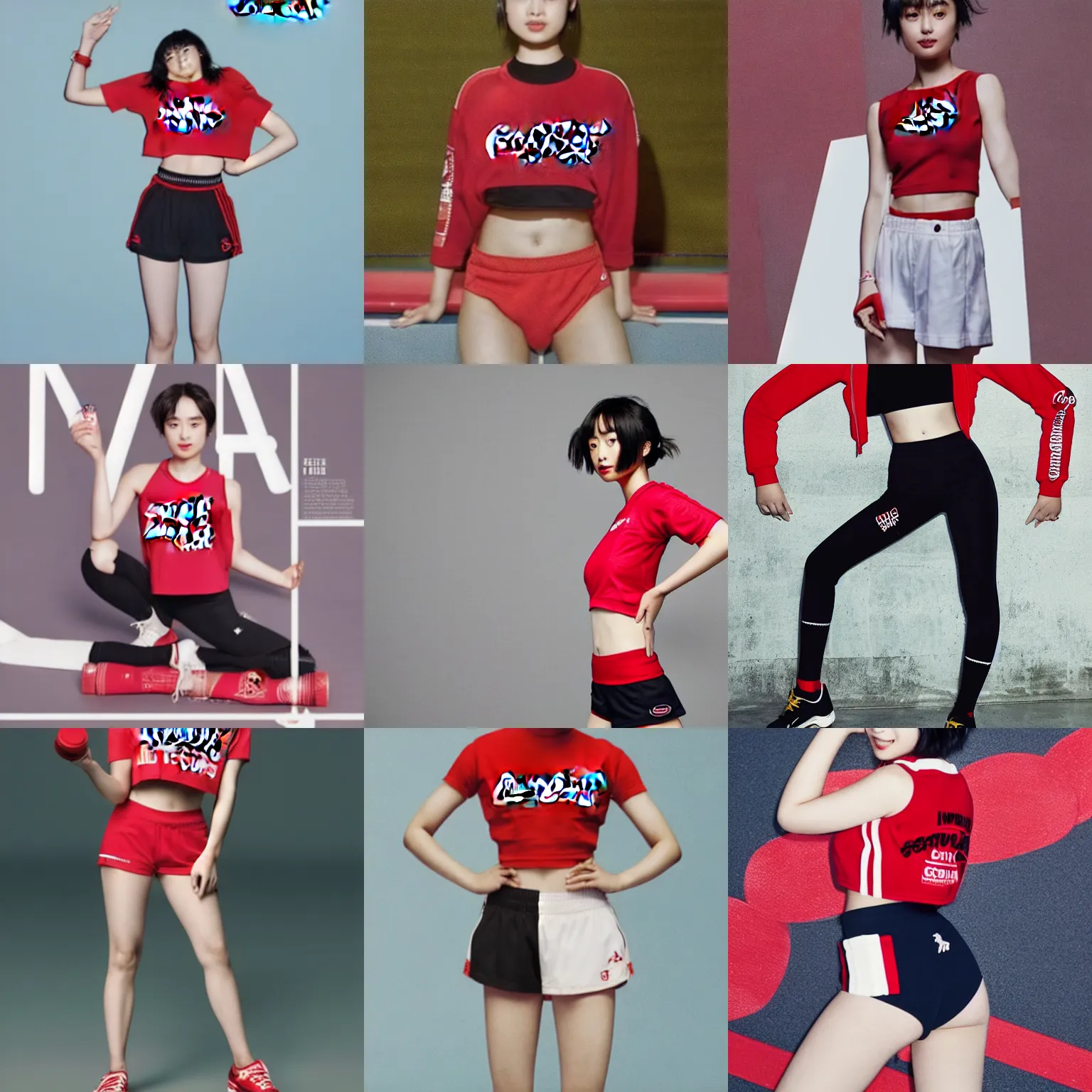 Prompt: suzu Hirose wearing crop red Coca Cola gym top with white Lettering, cropped red yoga short, advertising photograph by Mario Testino, infinity backdrop, masterwork