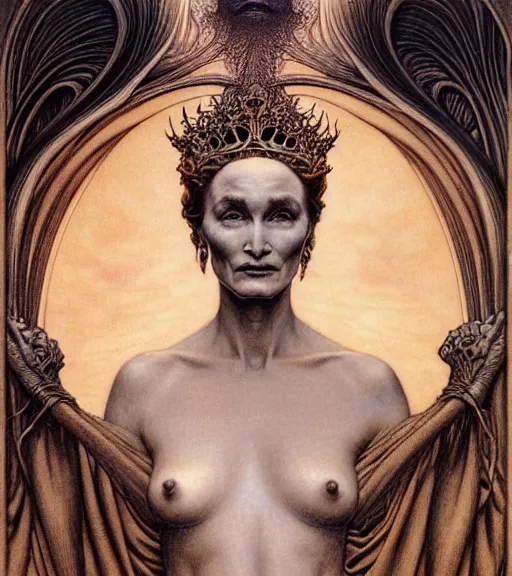 Image similar to detailed realistic beautiful young jessica lange as queen of mars face portrait by jean delville, gustave dore and marco mazzoni, art nouveau, symbolist, visionary, gothic, pre - raphaelite. horizontal symmetry by zdzisław beksinski, iris van herpen, raymond swanland and alphonse mucha. highly detailed, hyper - real, beautiful