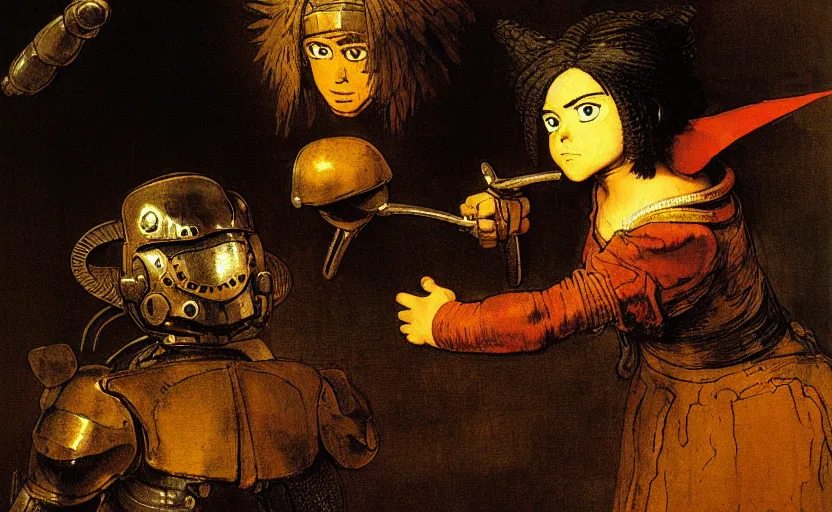 Prompt: classroom. battle angel alita. by rembrandt 1 6 6 7, illustration