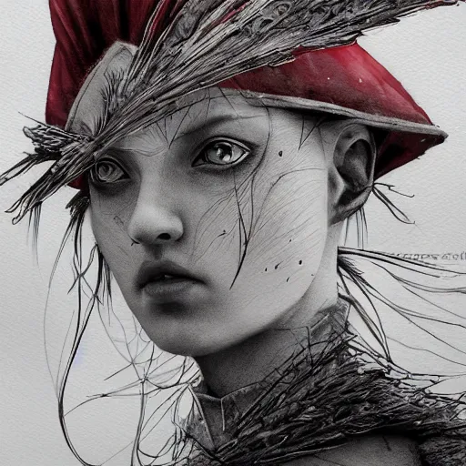 Image similar to anthropomorphic cardinal girl, druid, watercolor, dramatic lighting, cinematic, establishing shot, extremely high detail, foto realistic, cinematic lighting, pen and ink, intricate line drawings, by Yoshitaka Amano, Ruan Jia, Kentaro Miura, Artgerm, post processed, concept art, artstation, matte painting, style by eddie mendoza, raphael lacoste, alex ross,