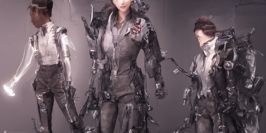 Image similar to a woman in scientist's jacket with a system of straps and pouches for collecting material by Tetsuya Nomura with Ralph Horsley and Mario Testino, trending on artstation and pixiv clean sci-fi concept art and sheet that using unreal engine 5 render and hyper detailed 3D texture with cinematic software light