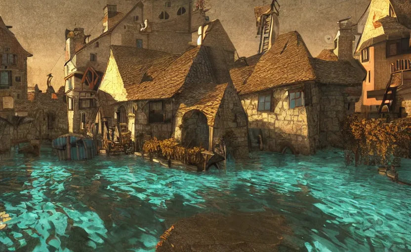 Image similar to medieval village submerged underwater, concept art, unreal engine, fantastic colors