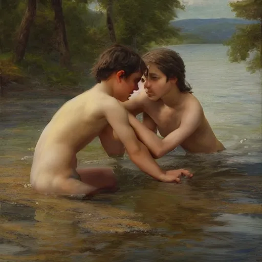 Image similar to in the style of William Whitaker and Goyo Dominguez, a boy and a girl stay in the lake,very high details, facial details, Realism painting, 4K ,