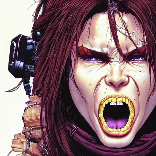 Image similar to portrait closeup of crazy screaming lara croft, symmetrical, cinematic colors, by yoichi hatakenaka, masamune shirow, josan gonzales and dan mumford, ayami kojima, takato yamamoto, barclay shaw, karol bak, yukito kishiro